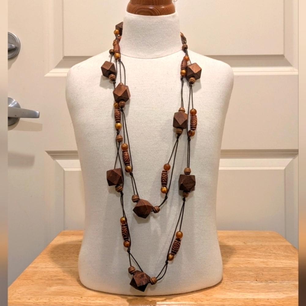 Vintage Boho 68" Super Long Brown and Black Wooden Bead Rope Necklace - Picture 7 of 9